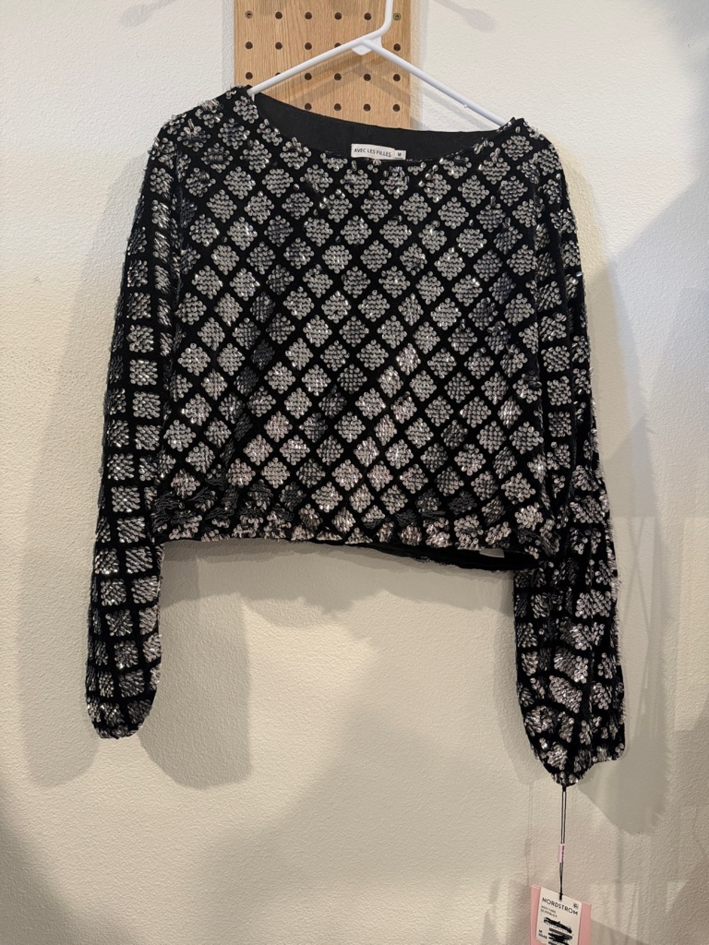 Avec Les Filles Black & White Diamond-Pattern Cropped Sweater